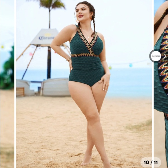 Bloomchic 12 NWT green webbing wrap boho ribbon detail one piece swimsuit - Picture 2 of 16